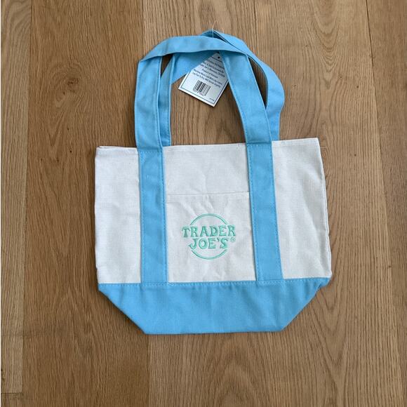 Trader Joe’s - Mini Tote Shopping Bag in Blue Beige & Green - Picture 1 of 2
